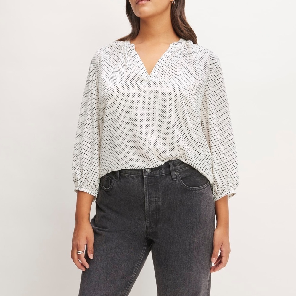 Everlane The Washable Clean Silk V-Neck Top Bone Black Polka Dot NWT